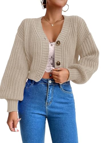 GORGLITTER Damen Strickjacke Elegant Kurz Strick Cardigan Pullover mit V-Ausschnitt Kurzpullover Casual Strickjacken mit Knöpfen Khaki S von GORGLITTER