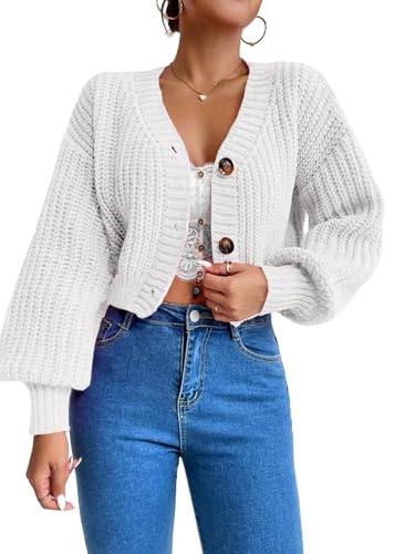 GORGLITTER Damen Strickjacke Elegant Kurz Strick Cardigan Pullover mit V-Ausschnitt Kurzpullover Casual Strickjacken mit Knöpfen Weiß XL von GORGLITTER