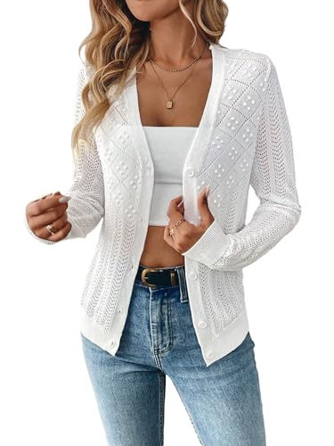 GORGLITTER Damen Strickjacke Elegant Kurzer Cardigan mit V-Ausschnitt Langarm Bolerojacke Leicht Einfarbig Strickpullover mit Knopf Weiß M von GORGLITTER