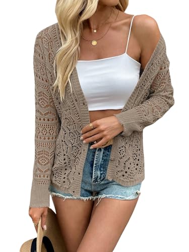 GORGLITTER Damen Strickjacke Elegant Kurzer Cardigan mit V-Ausschnitt Langarm Häkel Strickjacken Leicht Lässige Strickpullover mit Knöpfe Vorne Mokka Braun M von GORGLITTER