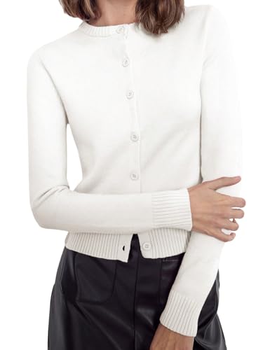 GORGLITTER Damen Strickjacke Elegant Langarm Cardigan mit Knöpfe Rundhals Sweater Jacke Strickpullover Kurz Strickjacken Herbstjacke Weiß L GORGLITTER Damen Strickjacke Elegant Langarm Cardigan mit Knöpfe Rundhals Sweater Jacke Strickpullover Kurz Strickjacken Herbstjacke Weiß L von GORGLITTER