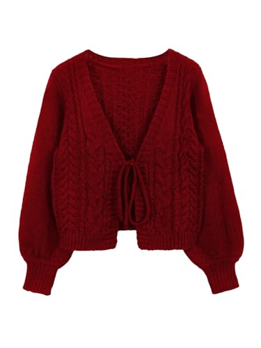 GORGLITTER Damen Strickjacke Elegant Langarm Cardigan mit Schleife Vorne Kurz Locker Strickpullover Herbst Strickmantel Bordeaux S von GORGLITTER