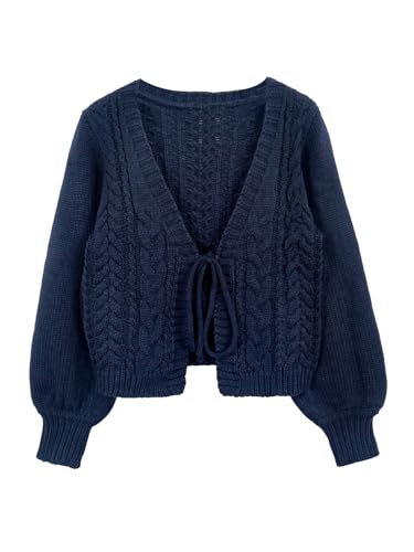 GORGLITTER Damen Strickjacke Elegant Langarm Cardigan mit Schleife Vorne Kurz Locker Strickpullover Herbst Strickmantel Königsblau M von GORGLITTER