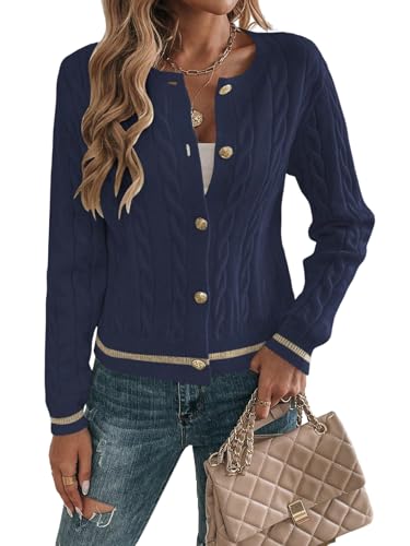 GORGLITTER Damen Strickjacke Elegant Langarm Cardigan mit Zopmuster Lässig Kurz Strickjacken mit Knöpfen Strickmantel Herbst Pullover Dunkelblau XS von GORGLITTER