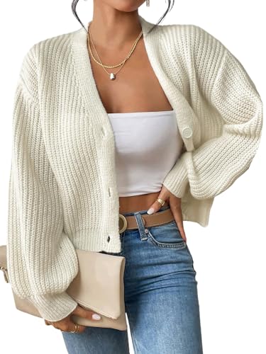 GORGLITTER Damen Strickjacke Elegant Locker Langarm Cardigan mit Knöpfen Open Front Strickjacken Herbst Winter Gestrickt Freizeitpullover Aprikosenfarben S von GORGLITTER