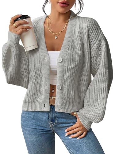 GORGLITTER Damen Strickjacke Elegant Locker Langarm Cardigan mit Knöpfen Open Front Strickjacken Herbst Winter Gestrickt Freizeitpullover Hellgrau S GORGLITTER Damen Strickjacke Elegant Locker Langarm Cardigan mit Knöpfen Open Front Strickjacken Herbst Winter Gestrickt Freizeitpullover Hellgrau S von GORGLITTER