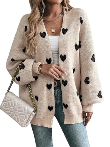 GORGLITTER Damen Strickjacke Elegant Open Front Cardigan Langarm Strickmantel mit Herzmuster Casual Strickpullover Stricktop Herbst Outfit Aprikosenfarben M von GORGLITTER