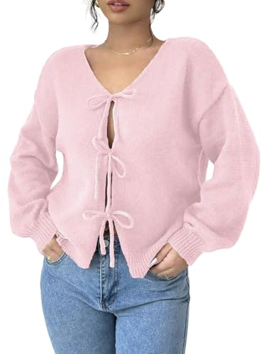 GORGLITTER Damen Strickjacke Elegante Langarm Kurz Schleife Vorne Cardigan Pullover Locker Strickpullover V Ausschnitt Klassisch Herbstajcke Rosa S von GORGLITTER