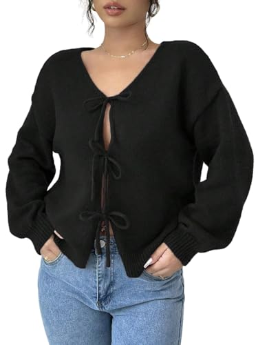 GORGLITTER Damen Strickjacke Elegante Langarm Kurz Schleife Vorne Cardigan Pullover Locker Strickpullover V Ausschnitt Klassisch Herbstajcke Schwarz S von GORGLITTER