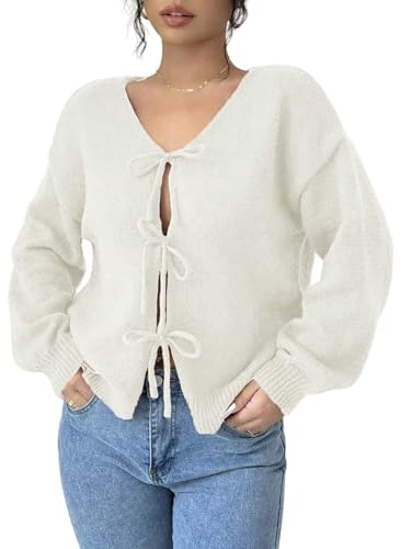 GORGLITTER Damen Strickjacke Elegante Langarm Kurz Schleife Vorne Cardigan Pullover Locker Strickpullover V Ausschnitt Klassisch Herbstajcke Weiß S GORGLITTER Damen Strickjacke Elegante Langarm Kurz Schleife Vorne Cardigan Pullover Locker Strickpullover V Ausschnitt Klassisch Herbstajcke Weiß S von GORGLITTER