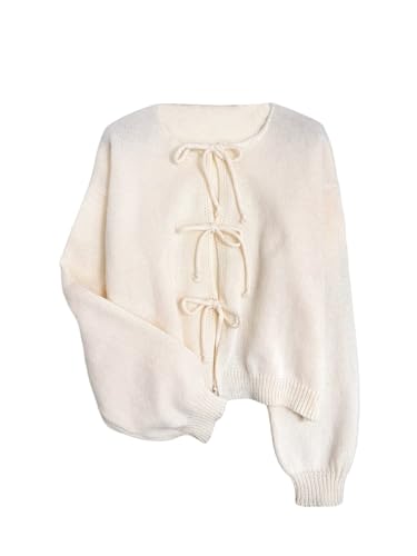 GORGLITTER Damen Strickjacke Elegante Langarm Strick Oberteil Open Front Cardigan mit Knoten Strickpullover Herbst Strickmantel Französisch Outfit Aprikosenfarben XXL von GORGLITTER