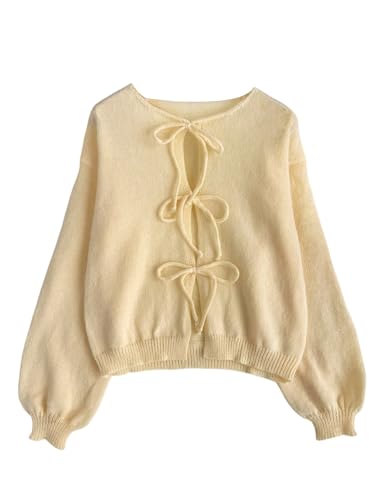 GORGLITTER Damen Strickjacke Elegante Langarm Strick Oberteil Open Front Cardigan mit Knoten Strickpullover Herbst Strickmantel Französisch Outfit Gelb M von GORGLITTER