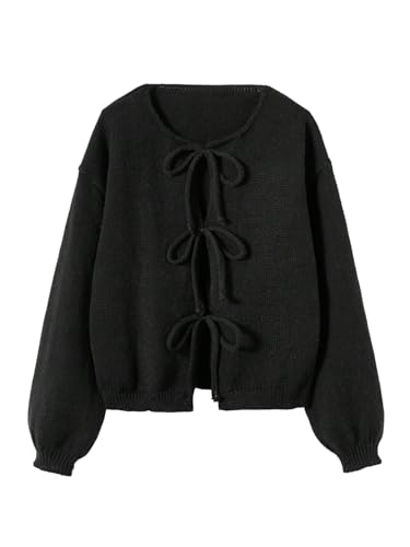 GORGLITTER Damen Strickjacke Elegante Langarm Strick Oberteil Open Front Cardigan mit Knoten Strickpullover Herbst Strickmantel Französisch Outfit Schwarz XXL GORGLITTER Damen Strickjacke Elegante Langarm Strick Oberteil Open Front Cardigan mit Knoten Strickpullover Herbst Strickmantel Französisch Outfit Schwarz XXL von GORGLITTER