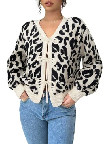 GORGLITTER Damen Strickjacke Elegante Leoparden Strickweste Langarm Schleife Vorne Cardigan Locker Strickpullover mit V Ausschnitt Aprikosenfarben M von GORGLITTER