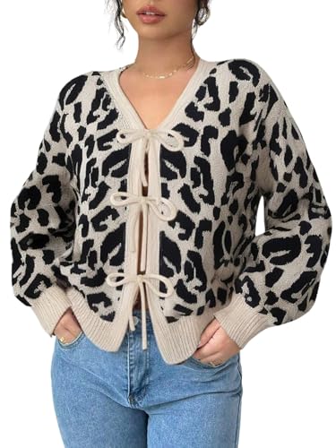 GORGLITTER Damen Strickjacke Elegante Leoparden Strickweste Langarm Schleife Vorne Cardigan Locker Strickpullover mit V Ausschnitt Khaki XL von GORGLITTER