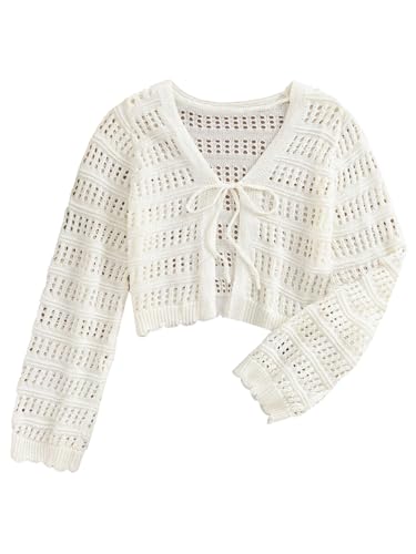 GORGLITTER Damen Strickjacke Elegante Transparenter Hohlstrick Langarm Cardigan mit Schleife Strickpullover Kurz Herbst Outfit Beige M von GORGLITTER