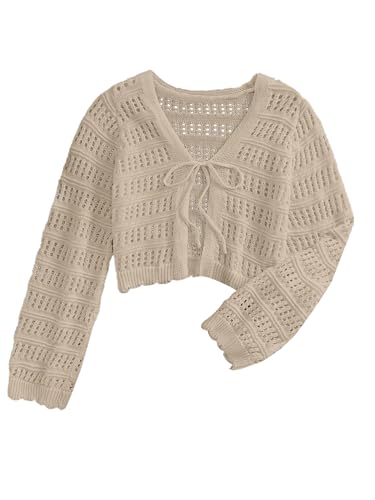 GORGLITTER Damen Strickjacke Elegante Transparenter Hohlstrick Langarm Cardigan mit Schleife Strickpullover Kurz Herbst Outfit Khaki L von GORGLITTER