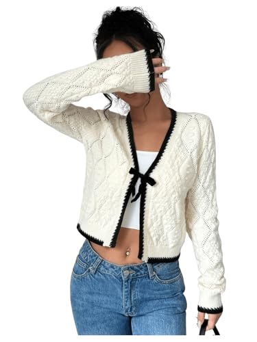 GORGLITTER Damen Strickjacke Kurz Cardigan Langarm Jacken Farbblock Strick Outwear Sweaters Strickcardigan mit Schleife Beige M von GORGLITTER