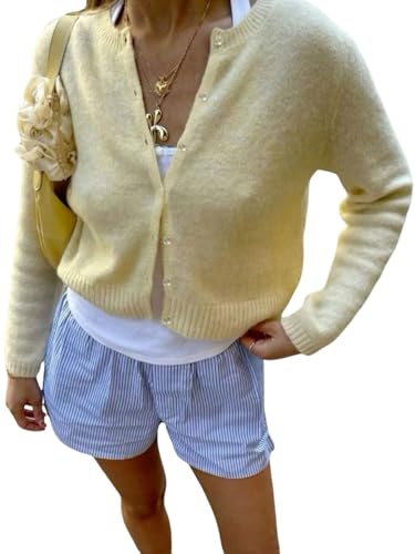 GORGLITTER Damen Strickjacke Kurz Cardigan Langarm Pullover mit Rundkragen Strickmantel mit Knöpfen Vorn Causal Jacken für Herbst Gelb XL von GORGLITTER