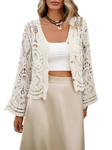 GORGLITTER Damen Strickjacke Kurz Elegant Langarm Cardigan Gehäkelt Strickjacken mit Knöpfen Häkel Bolero mit V-Ausschnitt Leicht Strick Jacke Herbst Aprikosenfarben M von GORGLITTER