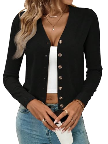 GORGLITTER Damen Strickjacke Kurz Elegant Leichte Cardigan mit V-Ausschnitt Bolero Jäckchen mit Knöpfen Langarm Strickmantel Herbst Winter Schwarz S von GORGLITTER