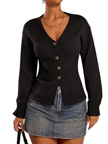 GORGLITTER Damen Strickjacke Kurz Elegant V-Ausschnitt Cardigan mit Knöpfe Vorn Dünne Bolero Jacke Slim Pullover Strickpuli Herbst Winter Schwarz S von GORGLITTER