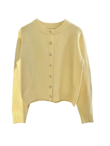 GORGLITTER Damen Strickjacke Kurz Langarm Pullover mit Rundkragen Casual Cardigan mit Knöpfen vorn Strickmantel Kurz Jacken für Herbst Gelb L von GORGLITTER