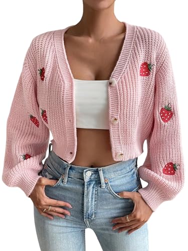 GORGLITTER Damen Strickjacke Kurz Strickmantel mit Erdbeerstickerei Langarm Strickpullover mit V-Ausschnitt Crop Cardigan mit Knöpfen Vorn Rosa M von GORGLITTER