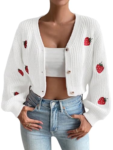 GORGLITTER Damen Strickjacke Kurz Strickmantel mit Erdbeerstickerei Langarm Strickpullover mit V-Ausschnitt Crop Cardigan mit Knöpfen Vorn Weiß M von GORGLITTER