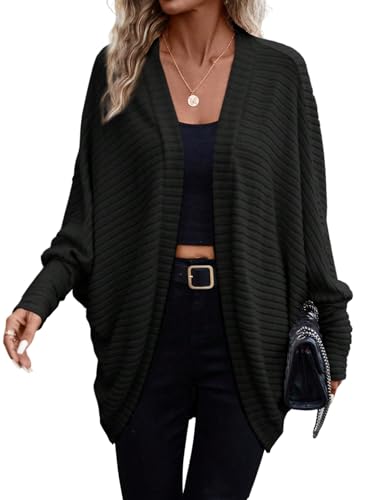 GORGLITTER Damen Strickjacke Lang Offene Vorderseite Cardigan Lockere Strickpullover mit Fledermaus Ärmel Leichte Strickmantel Herbst Winter Schwarz XL von GORGLITTER