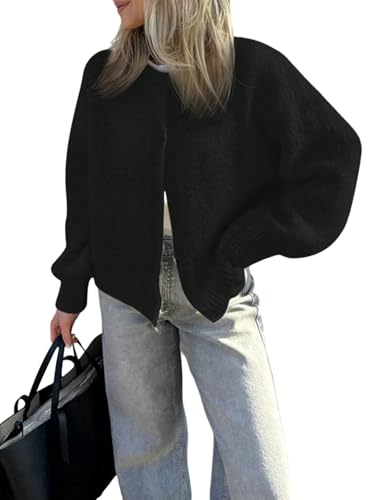 GORGLITTER Damen Strickjacke Langarm Strickpullover mit Rundkragen Casual Cardigan mit Knöpfen Vorn Strickmantel Damenstrickjacke Schwarz S von GORGLITTER