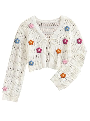 GORGLITTER Damen Strickjacke Leicht V-Ausschnitt Cardigan mit 3D-Blumenmuster Vorne Offen Häkeljacke mit Knoten Freizeitjacke Herbst Outfit Beige L von GORGLITTER