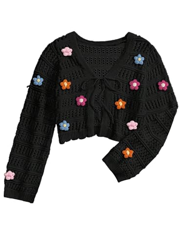 GORGLITTER Damen Strickjacke Leicht V-Ausschnitt Cardigan mit 3D-Blumenmuster Vorne Offen Häkeljacke mit Knoten Freizeitjacke Herbst Outfit Schwarz L von GORGLITTER