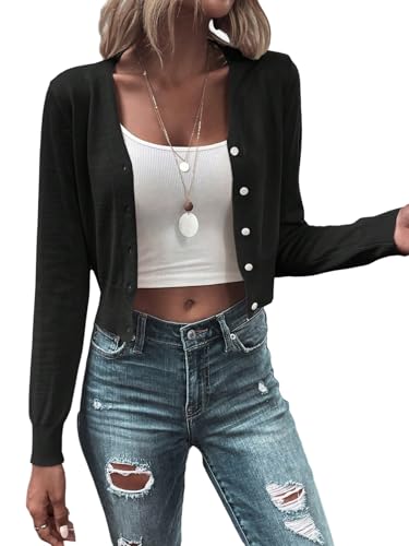 GORGLITTER Damen Strickjacke Leichte Langarm Knopfleiste Herbstjacke Cardigan mit V-Ausschnitt Kurz Strickjacken mit Knöpfen Herbst Outfit Schwarz S von GORGLITTER