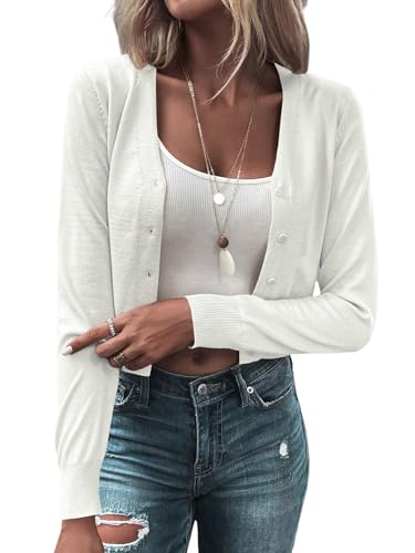 GORGLITTER Damen Strickjacke Leichte Langarm Knopfleiste Herbstjacke Cardigan mit V-Ausschnitt Kurz Strickjacken mit Knöpfen Herbst Outfit Weiß S GORGLITTER Damen Strickjacke Leichte Langarm Knopfleiste Herbstjacke Cardigan mit V-Ausschnitt Kurz Strickjacken mit Knöpfen Herbst Outfit Weiß S von GORGLITTER