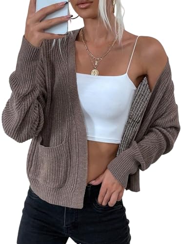 GORGLITTER Damen Strickjacke Locker Lässig Leichte Open Front Strickjacken Elegante Cardigan mit Taschen Herbst Winter Warm Strickpullover Mokka Braun L von GORGLITTER