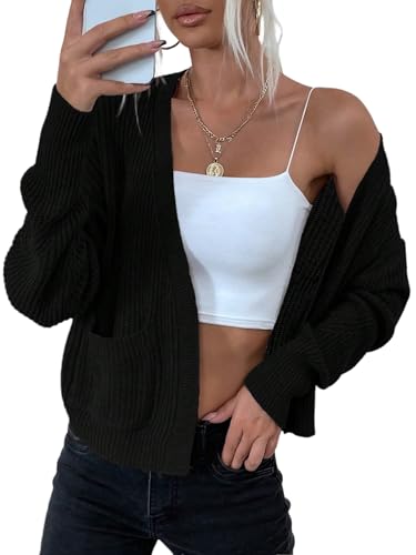 GORGLITTER Damen Strickjacke Locker Lässig Leichte Open Front Strickjacken Elegante Cardigan mit Taschen Herbst Winter Warm Strickpullover Schwarz S von GORGLITTER