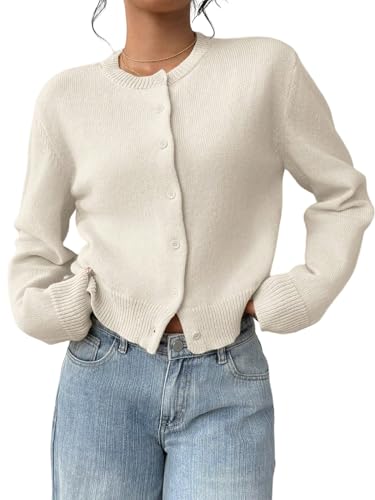 GORGLITTER Damen Strickjacken Casual Cardigan mit Knöpfen vorn Langarm Pullover Warm Pulli Rundkragen Herbst Kurz Strickcardigan Kurz Jacken Beige S von GORGLITTER