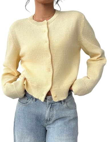 GORGLITTER Damen Strickjacken Casual Cardigan mit Knöpfen vorn Langarm Pullover Warm Pulli Rundkragen Herbst Kurz Strickcardigan Kurz Jacken Gelb S von GORGLITTER