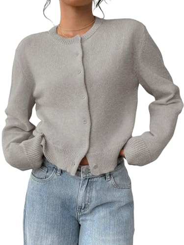 GORGLITTER Damen Strickjacken Casual Cardigan mit Knöpfen vorn Langarm Pullover Warm Pulli Rundkragen Herbst Kurz Strickcardigan Kurz Jacken Grau XS von GORGLITTER