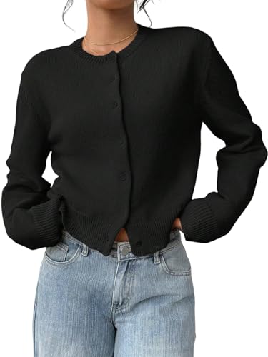 GORGLITTER Damen Strickjacken Casual Cardigan mit Knöpfen vorn Langarm Pullover Warm Pulli Rundkragen Herbst Kurz Strickcardigan Kurz Jacken Schwarz M von GORGLITTER