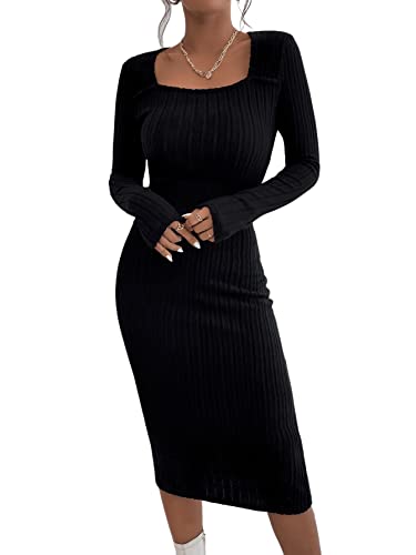 GORGLITTER Damen Strickkleid Lang Figurbetontes Kleid Langarm Strickkleider Damen Herbst Rippenstrick Pullover Kleid Sweatkleid Knielang Schwarz L von GORGLITTER