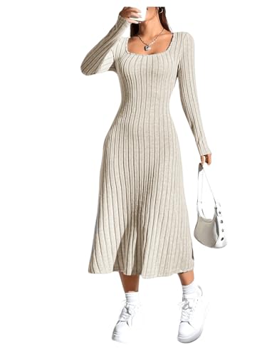 GORGLITTER Damen Strickkleid Langarm A Linien Kleid Lang Elegantes Kleid Maxi Kleid Mit Eckigem Ausschnitt Freizeitkleid Herbst Winter Kleid Aprikosenfarben L von GORGLITTER