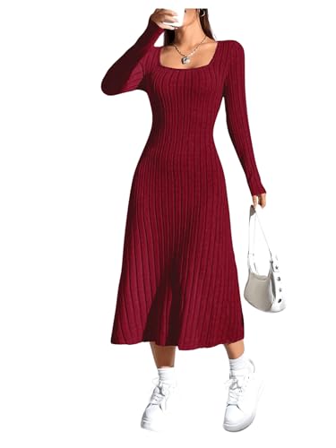 GORGLITTER Damen Strickkleid Langarm A-Linien Lang Elegantes Maxi Mit Eckigem Ausschnitt Freizeitkleid Herbst Winter Rot S von GORGLITTER