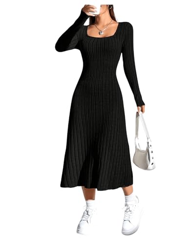 GORGLITTER Damen Strickkleid Langarm A Linien Kleid Lang Elegantes Kleid Maxi Kleid Mit Eckigem Ausschnitt Freizeitkleid Herbst Winter Kleid Schwarz L von GORGLITTER