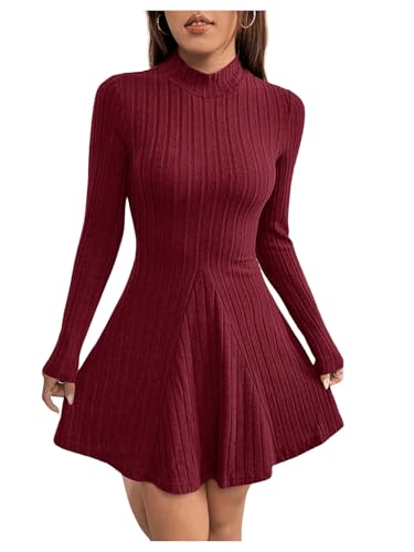 GORGLITTER Damen Strickkleid Winter Midi Kleid Mit Stehkragen Elegant A Linien Kleid Knielang Langarm Kleid Herbst Freizeitkleid Bordeaux S von GORGLITTER