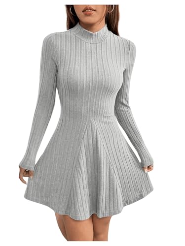 GORGLITTER Damen Strickkleid Winter Midi Kleid Mit Stehkragen Elegant A Linien Kleid Knielang Langarm Kleid Herbst Freizeitkleid Grau XXS von GORGLITTER