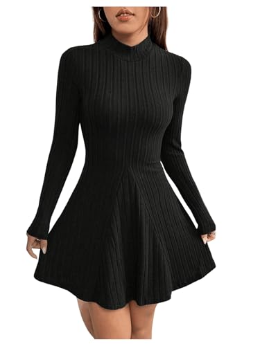 GORGLITTER Damen Strickkleid Winter Midi Kleid Mit Stehkragen Elegant A Linien Kleid Knielang Langarm Kleid Herbst Freizeitkleid Schwarz L von GORGLITTER