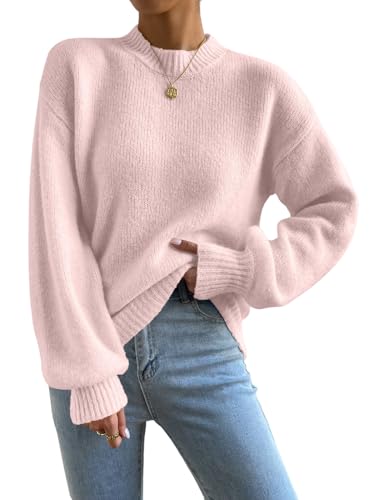 GORGLITTER Damen Strickpullover Elegant Causal Stehkragen Pullover Drop-Shoulder Langarm Sweater Locker Oberteile Strick Pulli Hell-Pink XXS von GORGLITTER