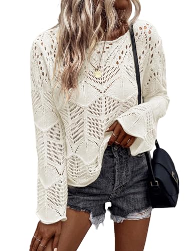 GORGLITTER Damen Strickpullover Elegant Langarm Häkelpullover Lässige Rundhals Pullover Stricken Langarmshirt Gehäkelt Freizeitpullover Herbst Beige M von GORGLITTER